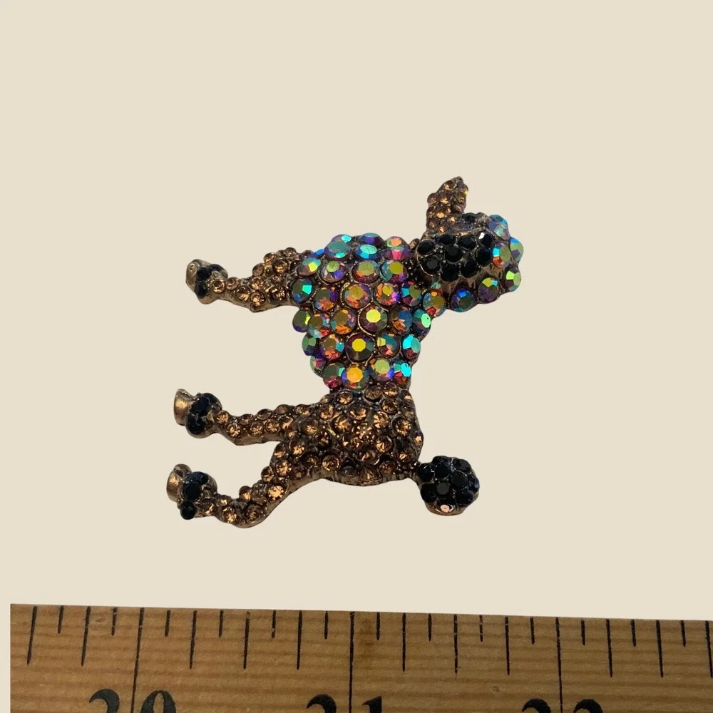 Vintage Style Poodle Brooch Rhinestone AB Crystal Dog Pin Gold Tone Metal